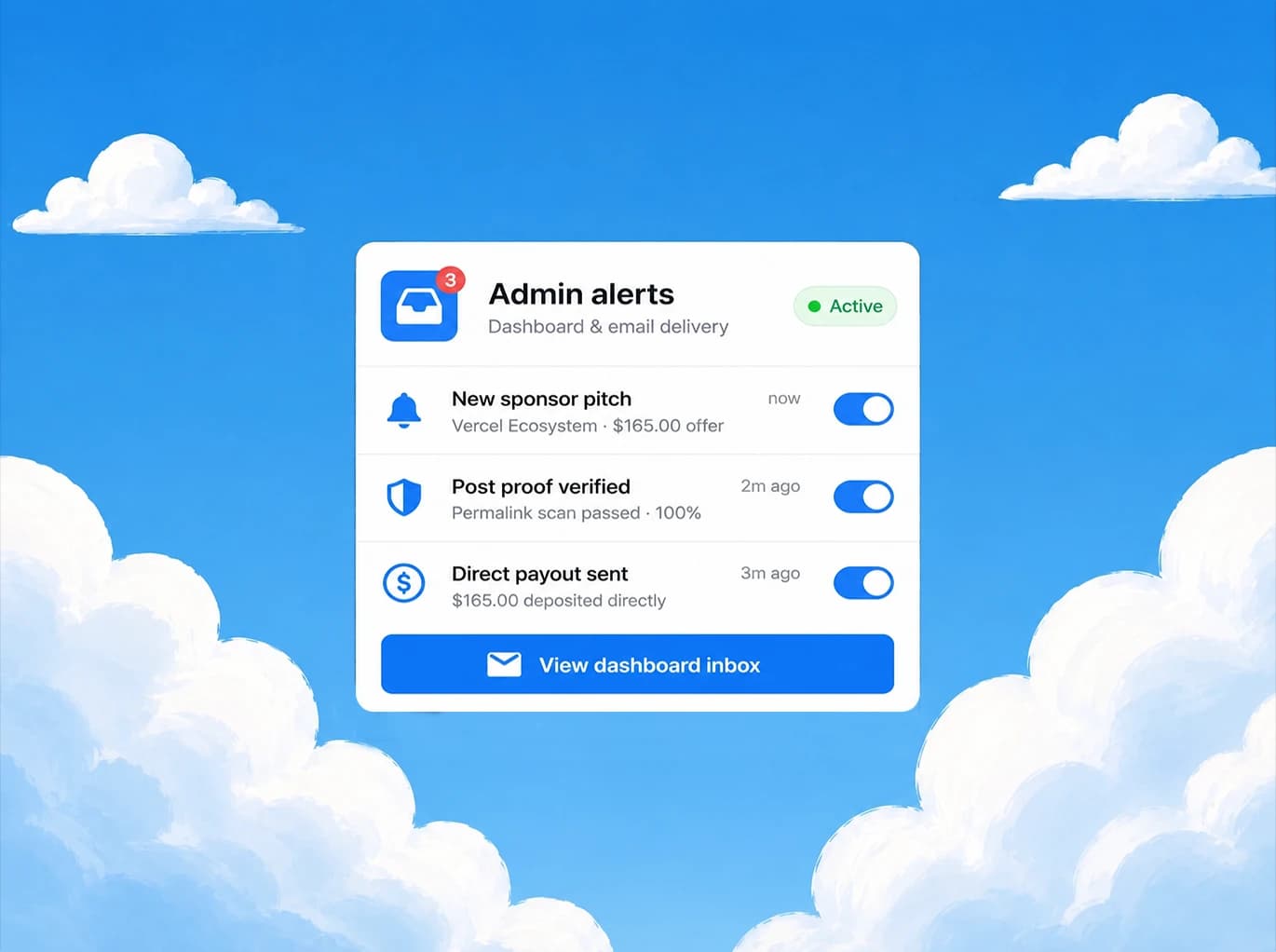 Dashboard alerts demonstrating how to earn money from Facebook groups when brands submit sponsorship pitches