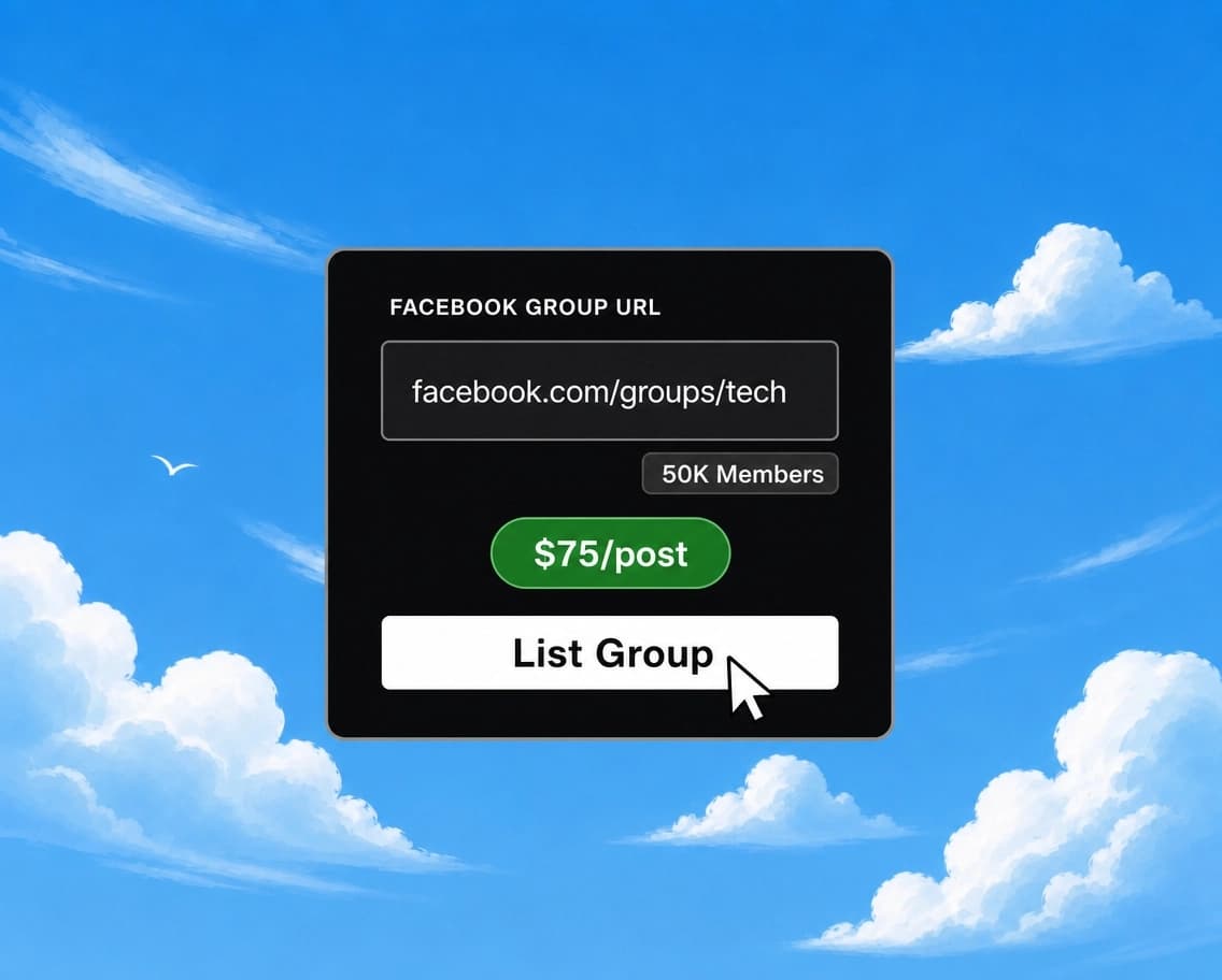 Interface showing how to list a Facebook group for brand sponsorships and set community pricing